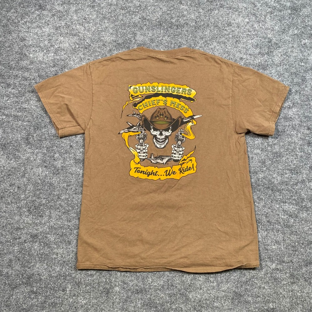 USN Gunslingers Skull Cowboy Graphic T-Shirt Mens Medium Brown